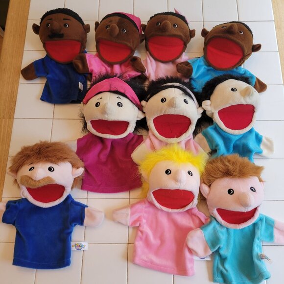 Family Bigmouth Puppets Set‎ Caucasian African American Asian Plush Storytelling